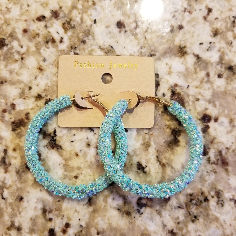 Teal Turquoise Big Circle Hoop Glitter Earring NWT